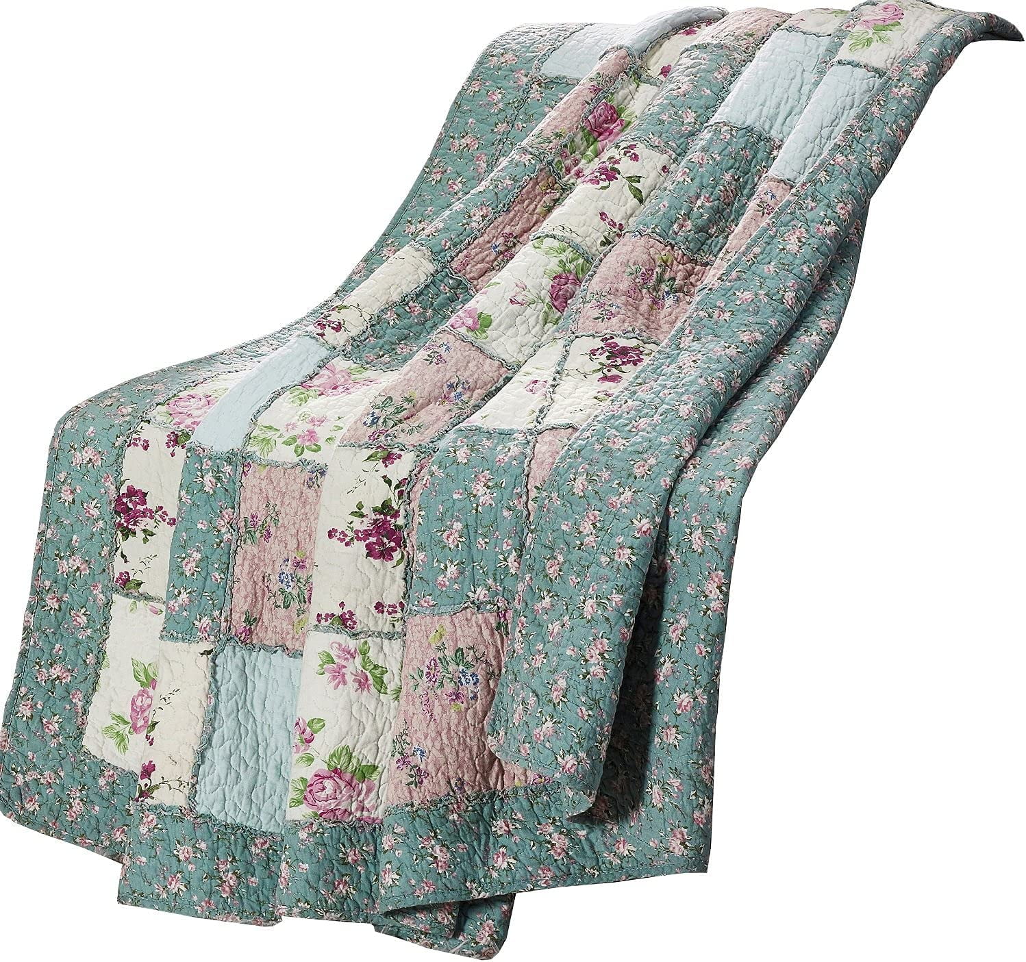 Chezmoi Collection Abbi 1-Piece Garden Floral Multicolor Blue Shabby Chic Throw Vintage Washed Cotton Ruffle Trim Patchwork Throw Blanket