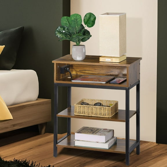 3-Tier End Table w/Charging Station, Narrow Side Table w/USB Ports&Power Outlets