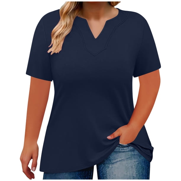 Camisetas Casuales de Mujer Cuello en V Color Sólido Camiseta de Gran Tamaño Poliéster Ligero, Blusa Suelta para Verano Primavera Diaria