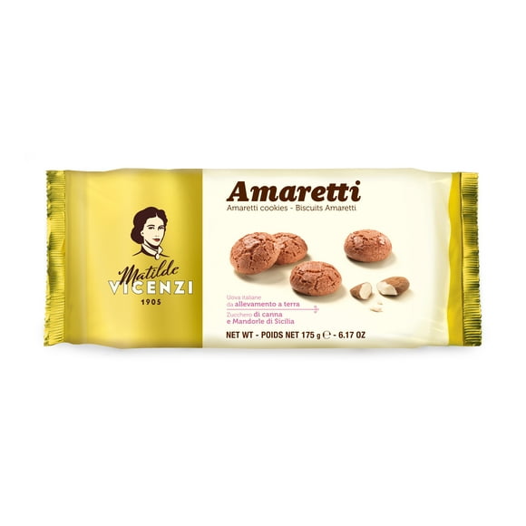 Vicenzi Biscuits cuits au four aux amaretti 175G L'Amaretto di Matilde dans ce paquet pratique de 175 g est l'un des best-sellers de la tradition pâtissière italienne. Enrichi en amandes de Sicile, son goût doux-amer caractéristique provient des noyaux d'abricot.