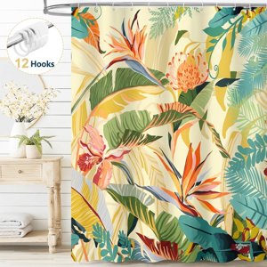 Tropical Leaf Shower Curtain with Palm and Monstera Print