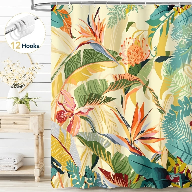Tropical Leaf Shower Curtain with Palm and Monstera Print photo 1
