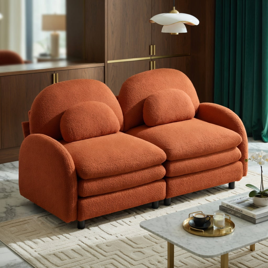 Hommoo Teddy Fleece Modular Loveseat Sofa, 2-Seater Cloud-Like Comfort Couch with Curved Backrest, Lumbar Pillows & Double-Layer Cushions, Orange