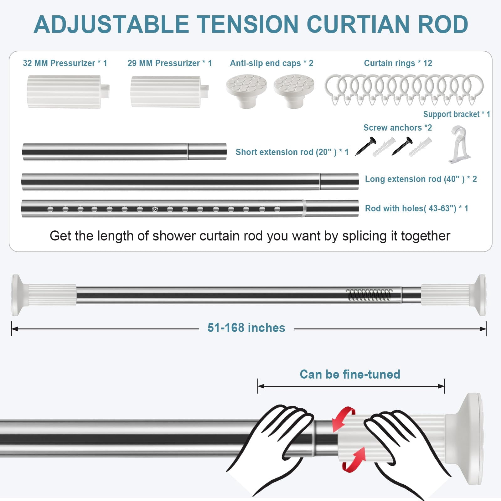 Shower Curtain Rod 51-168 In Long Outdoor Tension Curtain Rod for Patio, Adjustable Curtain Rod No Drilling, Spring Tension Rod for Bathroom Window Easy to Install No Rust, Stainless Steel, White
