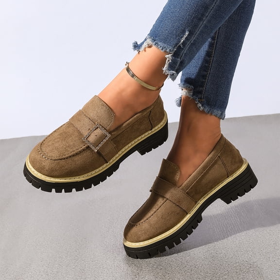 Slip On Platform Loafers For Women, Rhinestone Buckle British Vintage Shoes, Chunky Block Heel Flats For All Day Wear Brown 39