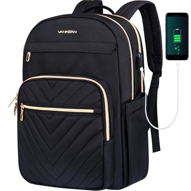 Mochila para portátil VANKEAN 15.6 pulgadas impermeable con puerto USB negra dorada