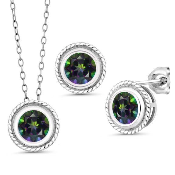 Gem Stone King 925 Sterling Silver Green Mystic Topaz Pendant Earrings Set for Women (3.00 Cttw, Gemstone Birthstone, Round 6MM, With 18 inch Chain)