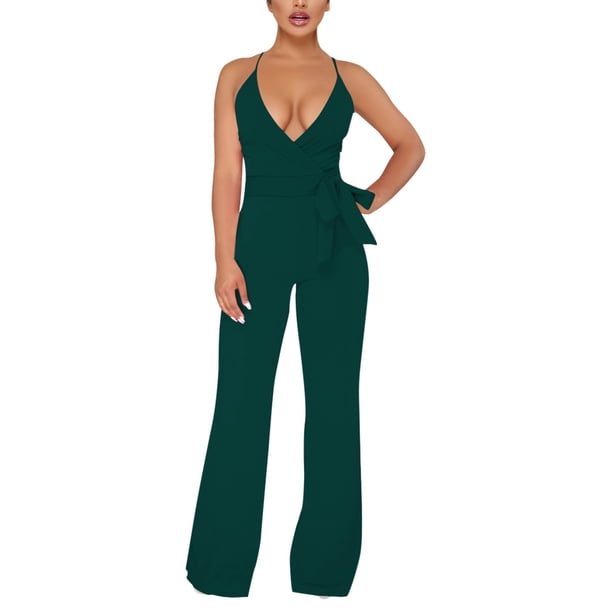 Mono de mujer de color liso con cuello halter en V y cordones - Conjunto informal elegante para fiesta/día a día - Tejido elástico