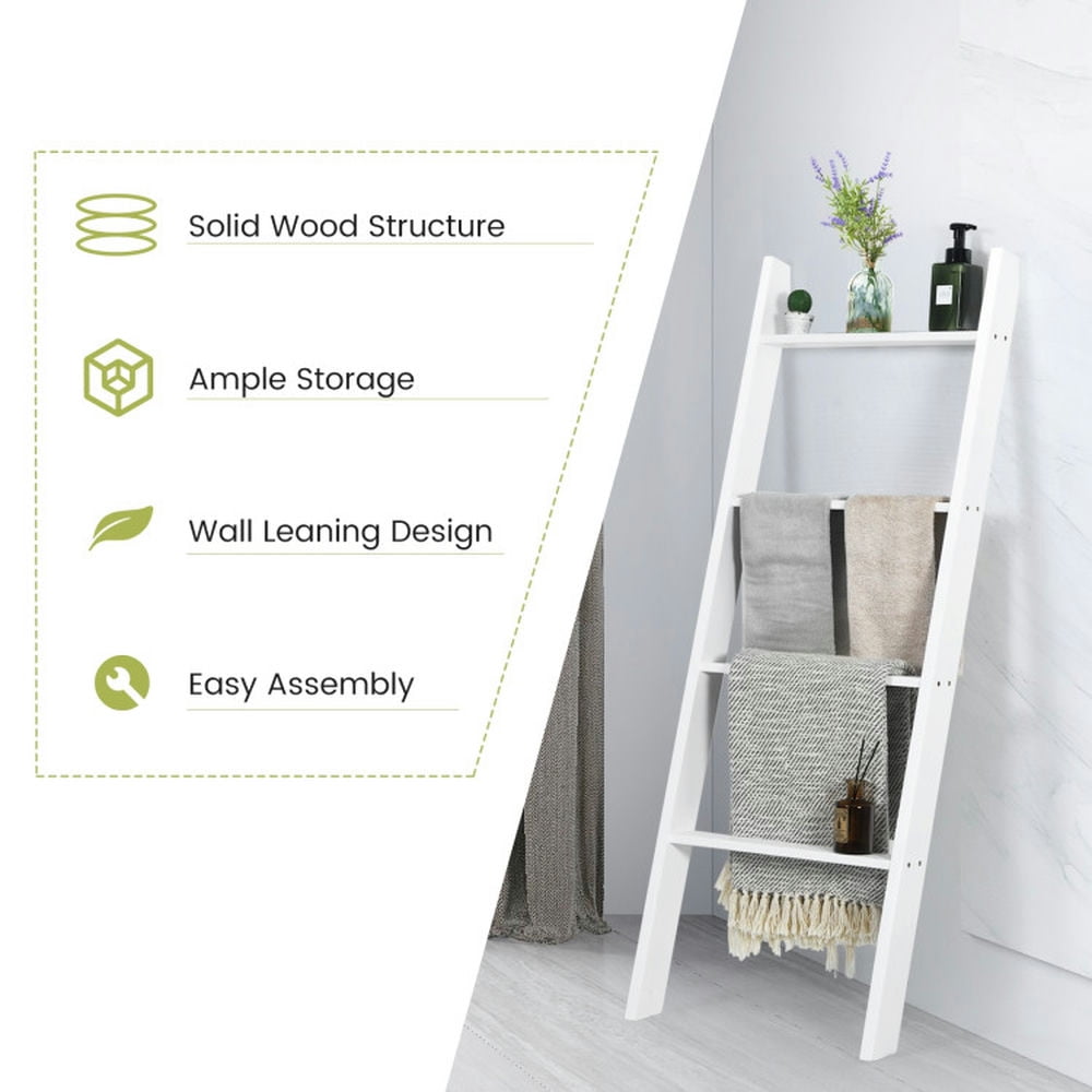 Finihen Wall Leaning Ladder Towel Rack, Blanket Ladder, 4-Tier Wall Leaning Ladder Shelf Stand, White