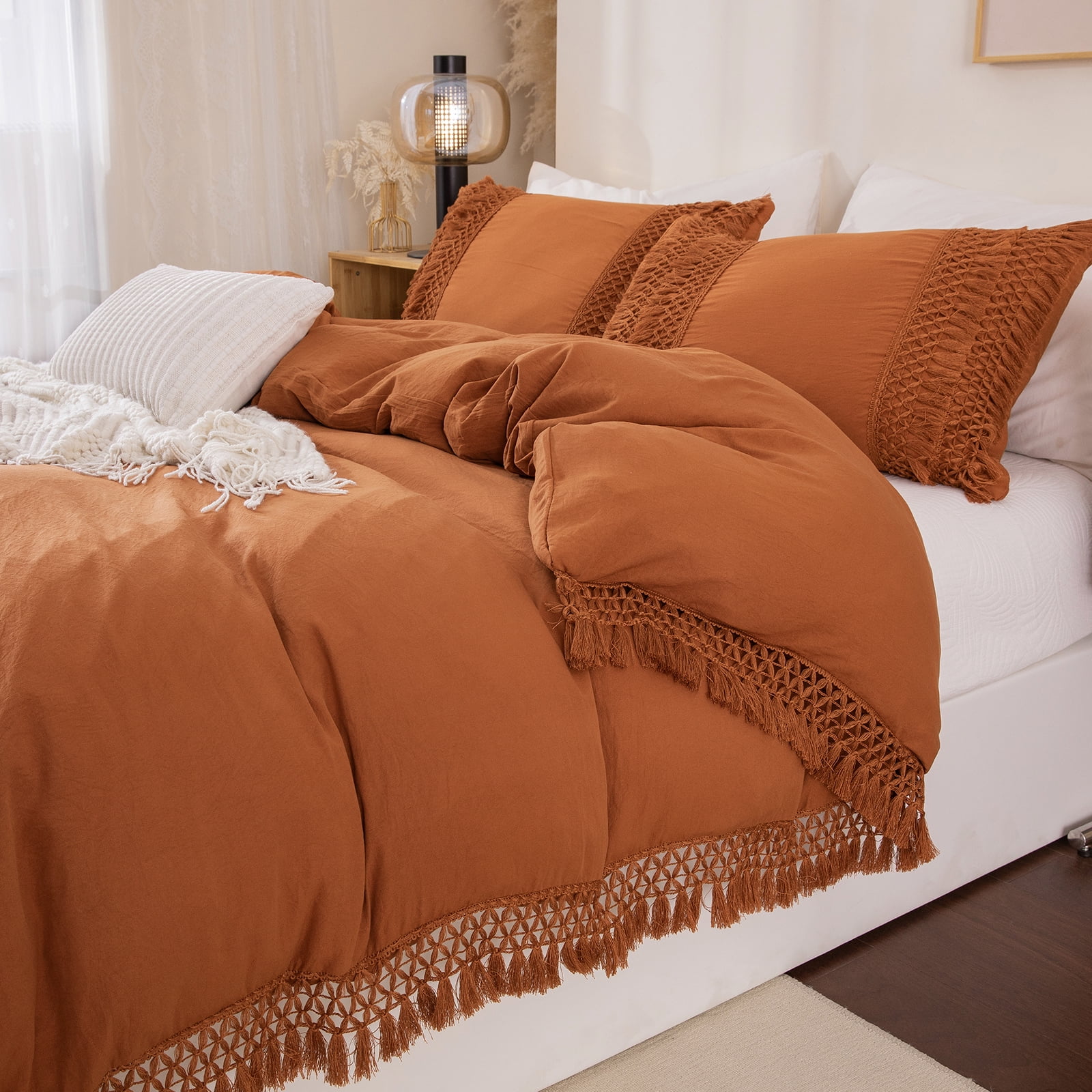 Move Over Burnt Orange Bedding Sets King Washed Microfiber Macrame Tassel Pattern Boho Duvet Cover Set No Filling