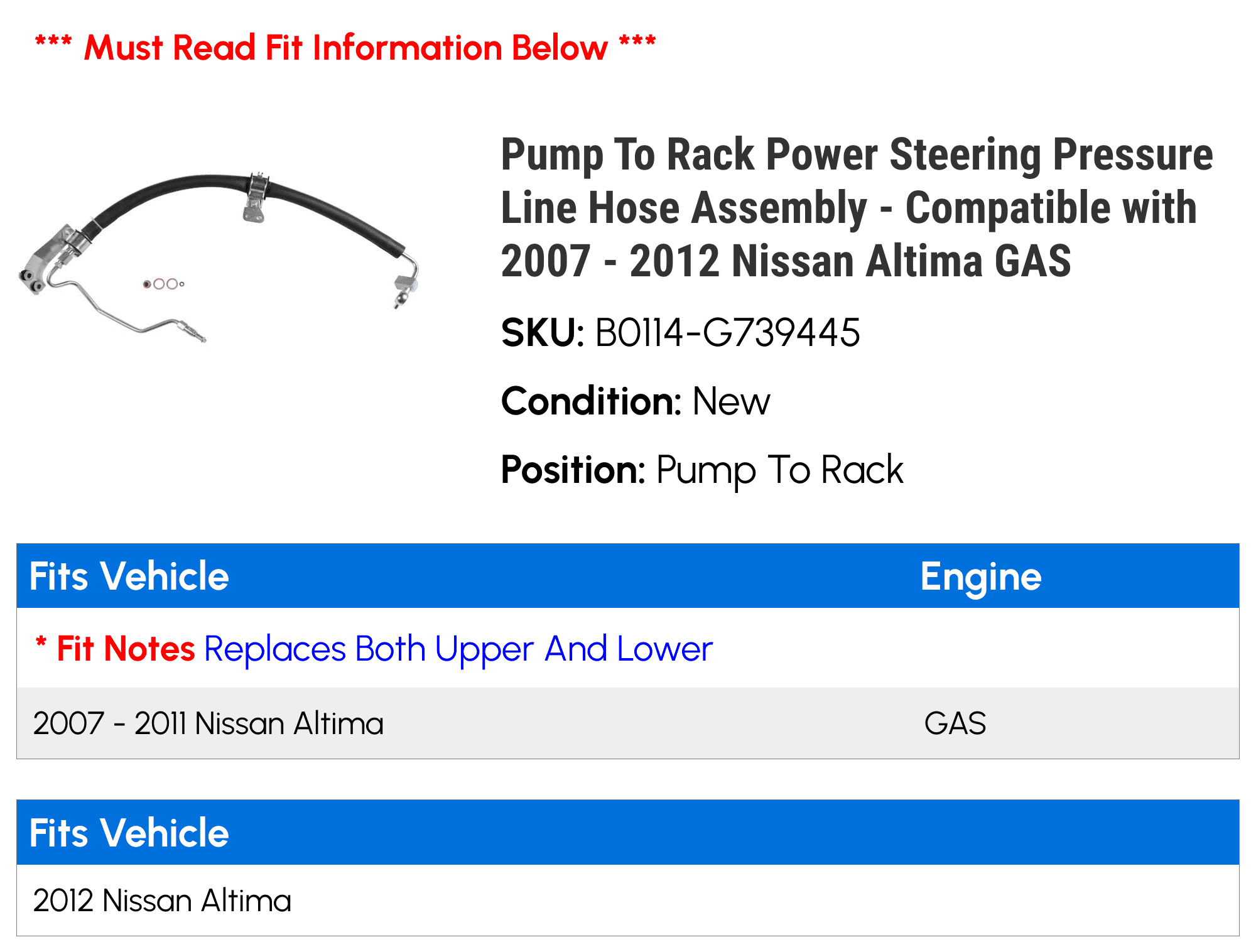 Pump To Rack Power Steering Pressure Line Hose Assembly - Compatible with 2007 - 2012 Nissan Altima GAS 2008 2009 2010 2011