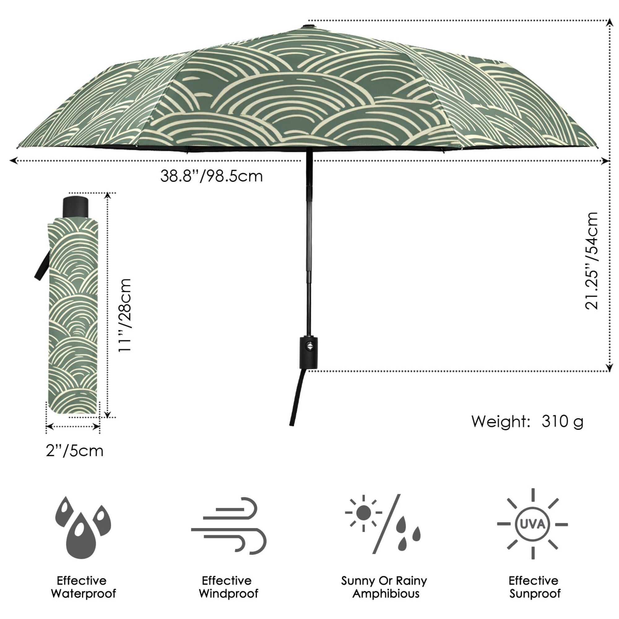 FORMRS Travel Umbrella Folding Auto Open Close Windproof Rain UV Protection, Retro Green Abstract