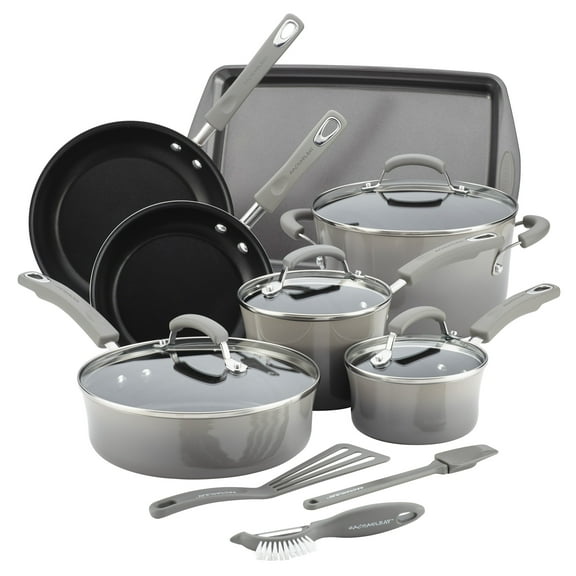 Rachael Ray Brights 14 Piece Nonstick Cookware Pots and Pans Set, Sea Salt Gray