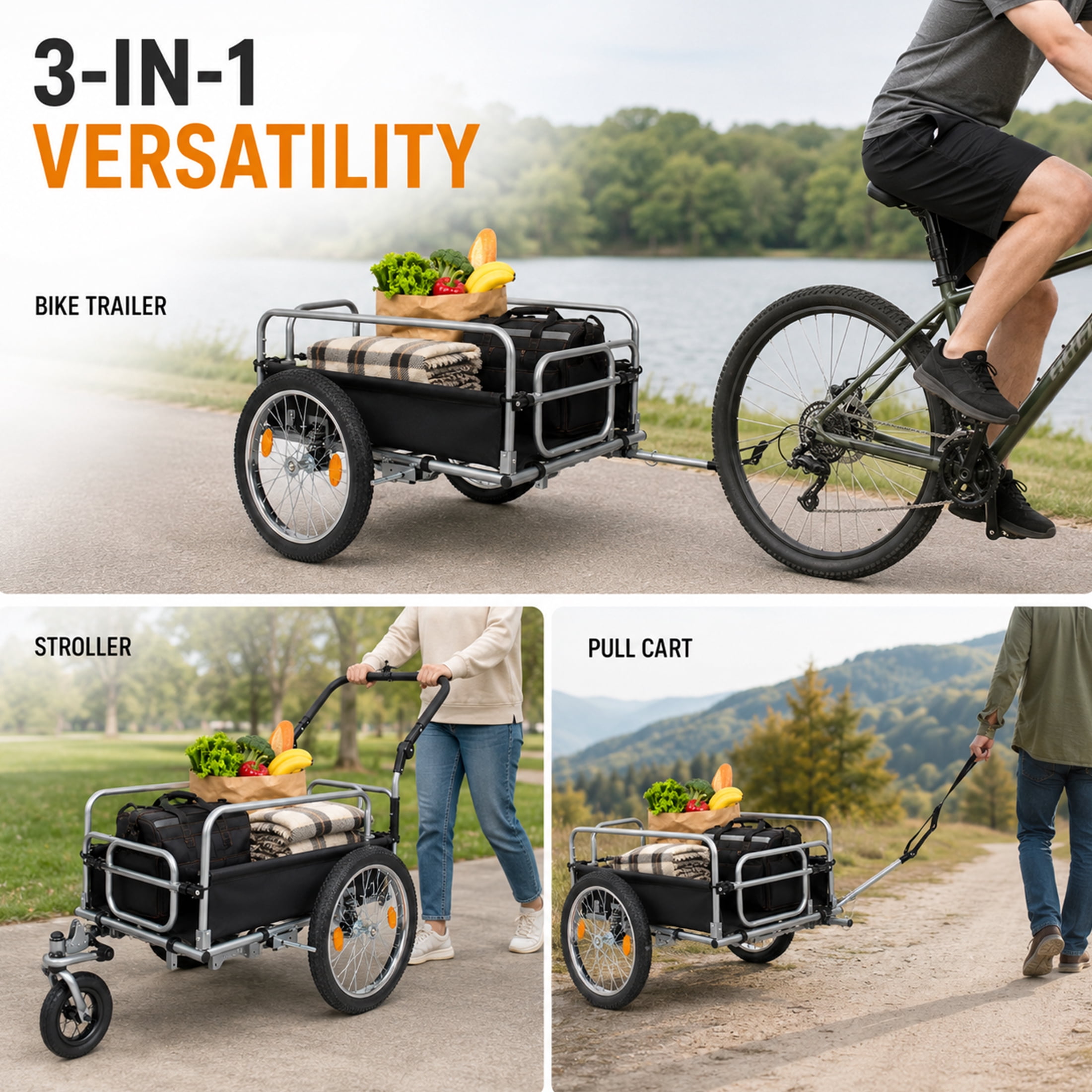 3-in-1 Heavy-Duty Bike Cargo Trailer with 20" Fat Tires, 150lbs Capacity Steel Frame Utility Wagon, Convertible Stroller and Pull Cart with Suspension and Safety Handbrake for Camping and Groceries