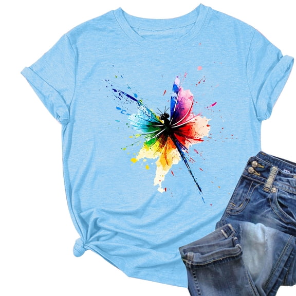 QQAMB T-Shirts for Women Plus Size Dragonfly Graphic Printed Summer Trendy Crewneck Short Sleeve Tee Tops Light Blue L
