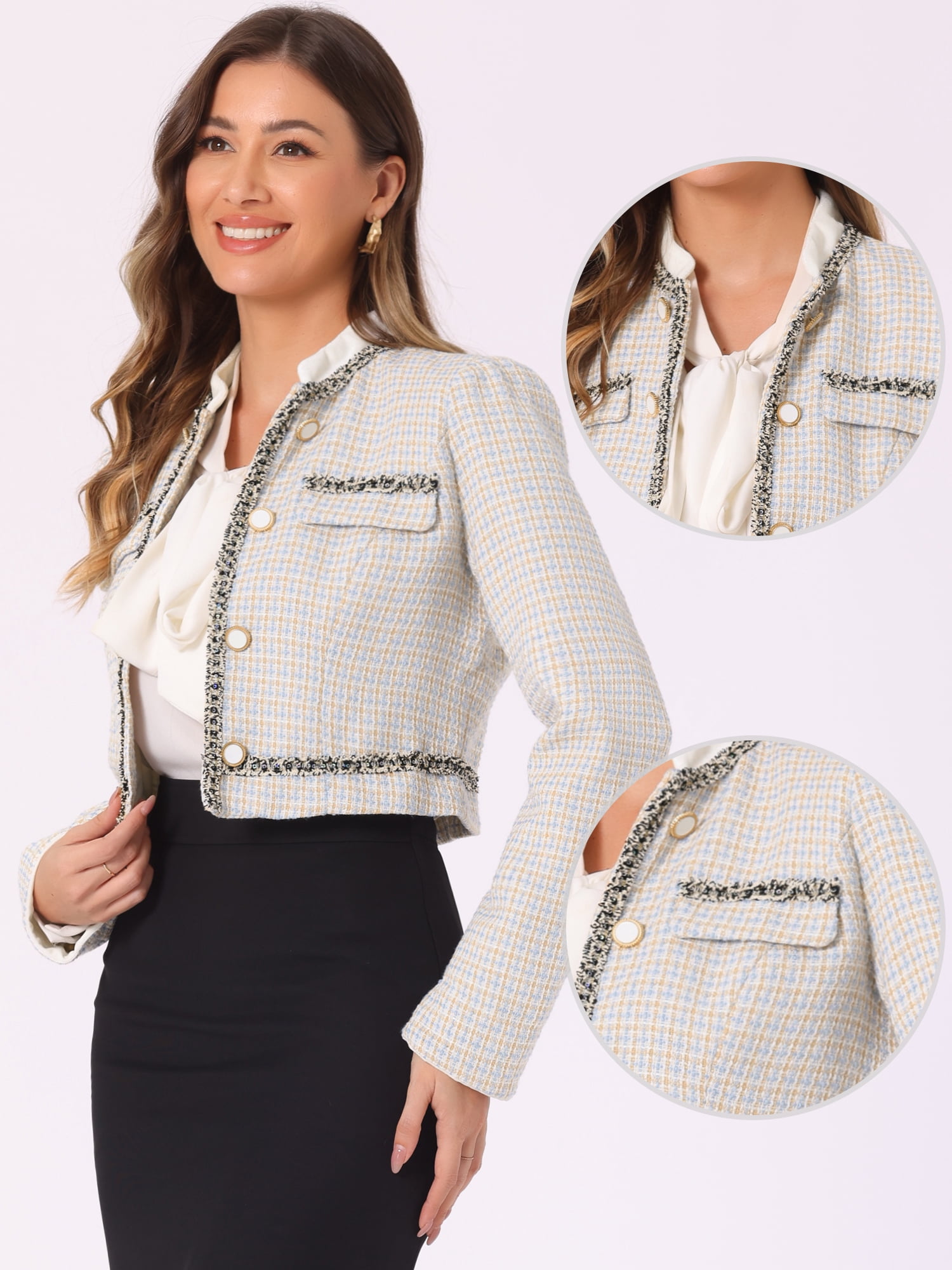 DARING DIVA Women's Double Breasted Plaid Tweed Cropped Jacket L Light Blue