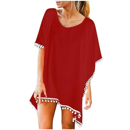 Summer Savings! Lovzfmll Swimwear Cover-ups for Women  Women Trim Kaftan Chiffon Tassels Swimwear Beach Loose Bikini Cover up Wine