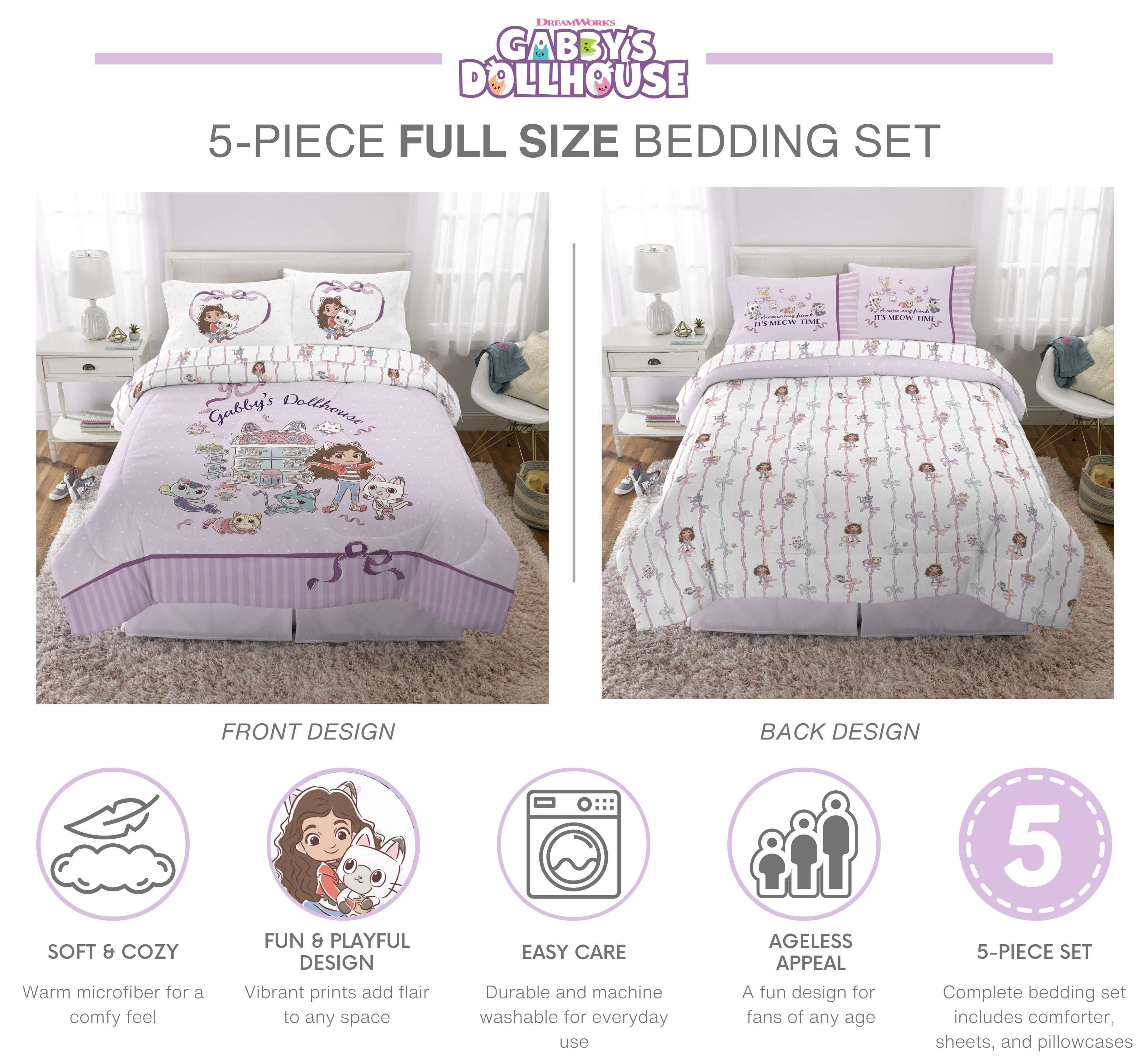 Gabby's Dollhouse Kids Purple Reversible Comforter, Bed in a Bag, Full