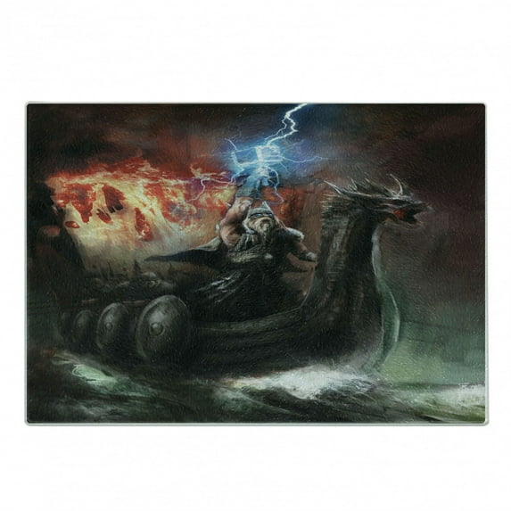 Dragon Cutting Board, Imaginary Wrath of Vikings Royal Boat Animal Head Storm Rays, Decorative Tempered Glass Cutting and Serving Board, Small Size, Multicolor, by Ambesonne