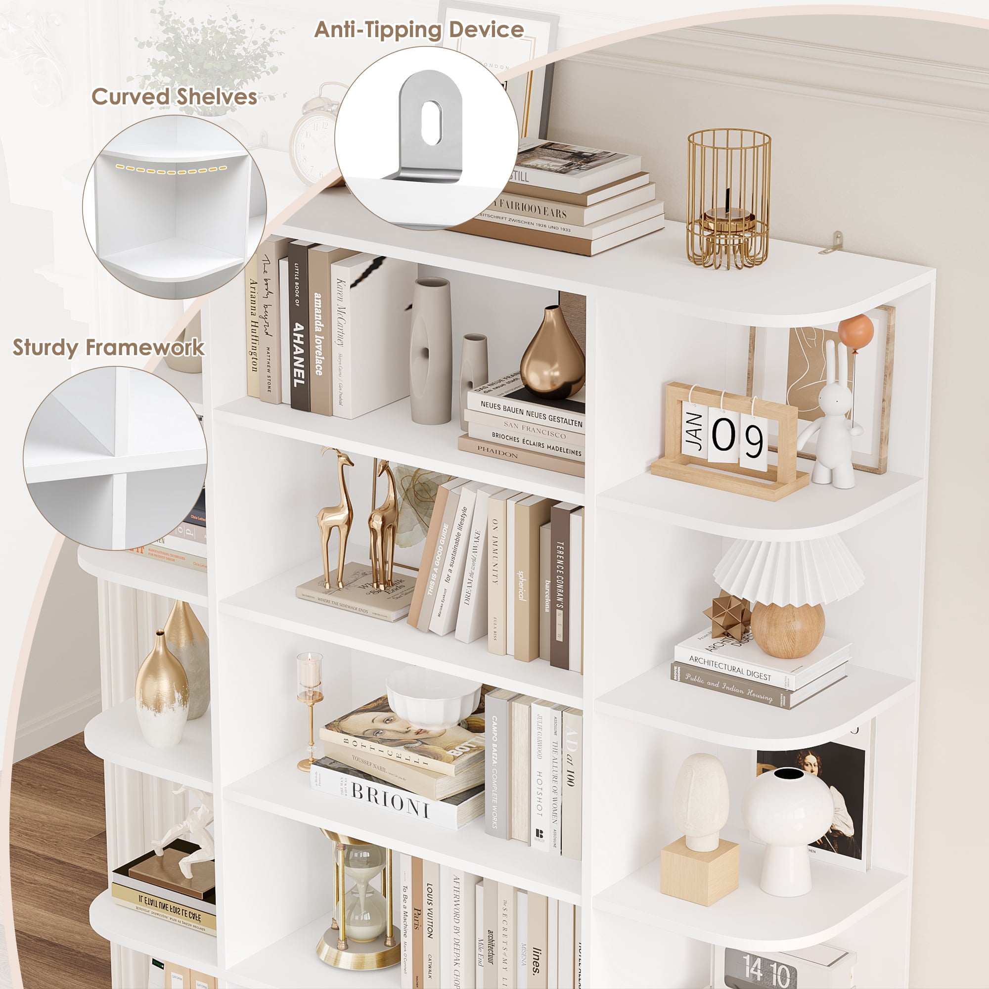 Homfa 7-Tier Triple Wide Bookcase, 84.6" Tall Bookshelf with Curved Display Shelves for Living Room Home Office Study, White