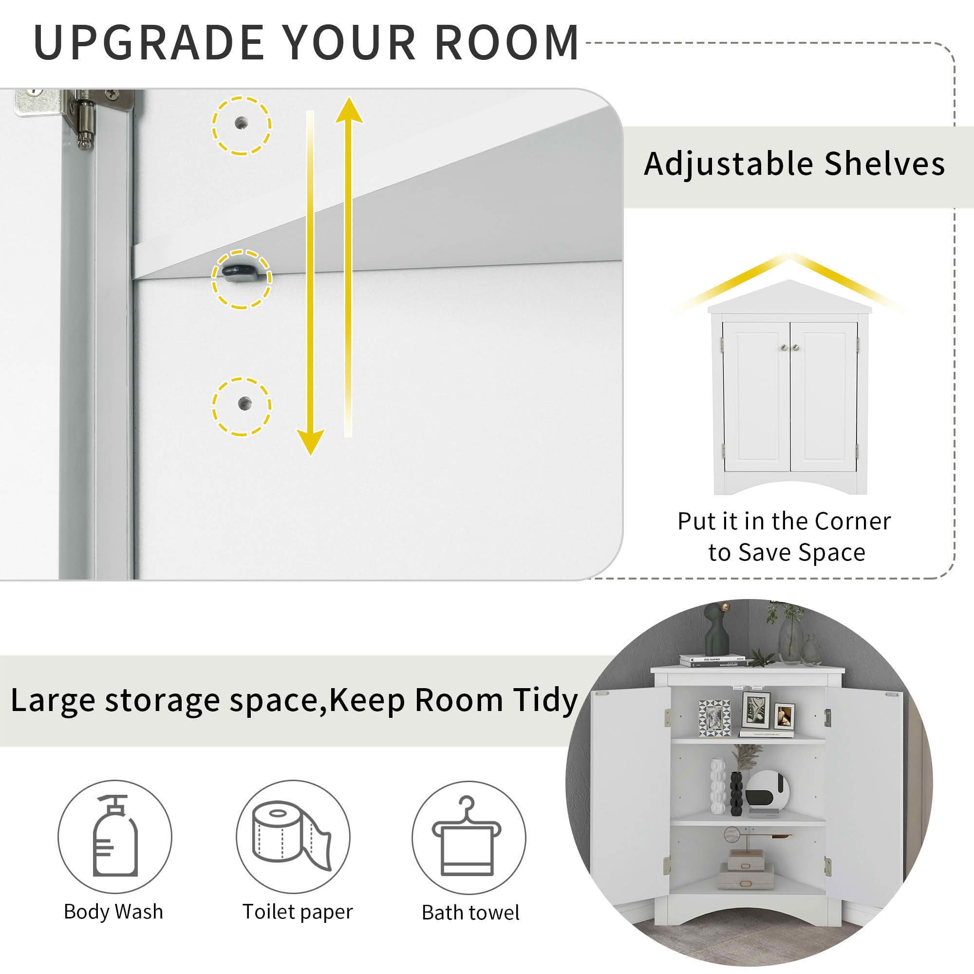 MAYEERTY White Triangle Bathroom Cabinet Adjustable Shelves Freestanding Floor Cabinet