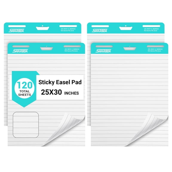 Lined Sticky Easel Pad, 25 in x 30 in,Flip Chart Paper,Sticky Chart Paper for Teachers, Large Self-Stick Easel Paper,Super Sticky & Bleed-Resistant,30 Sheets/Pad,4 Pads