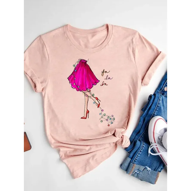 Camiseta con estampado de dibujos animados para mujer, ropa de manga corta de Navidad, moda de Año Nuevo, camisetas gráficas básicas