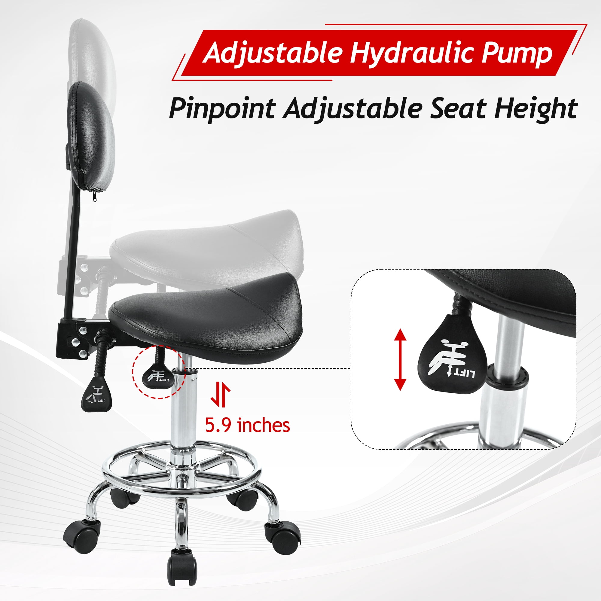 Leumius Saddle Stool with Back Support,Swivel Rolling Stools with Foot Rest,Ergonomic Adjustable Stool with Wheels,Backrest Adjustable Height & Angle for Salon Spa Tattoo Massage, Black