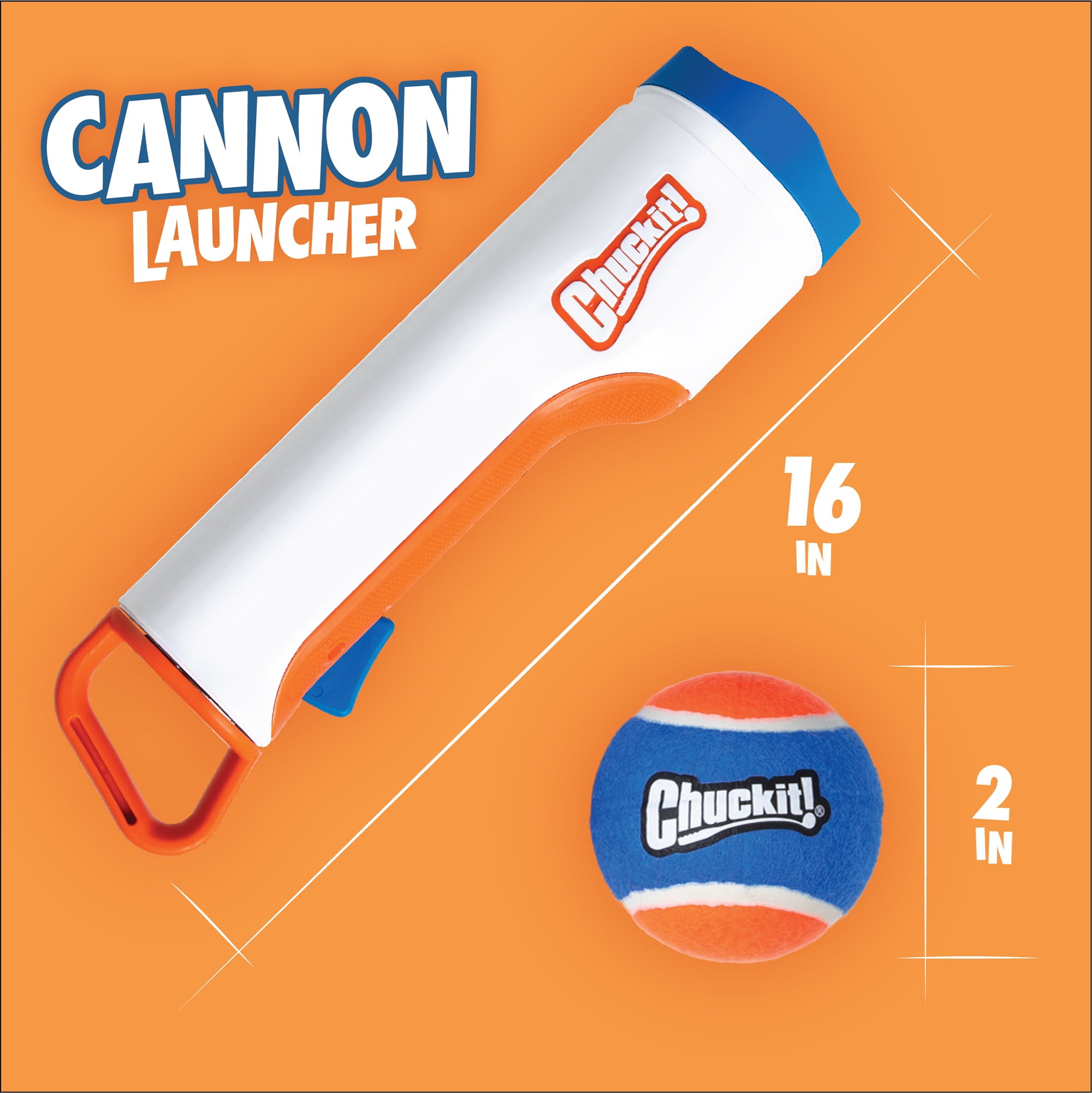 Chuckit! Cannon 16S Dog Ball Launcher Fetch Toy for Dogs, 16" Long Compatible with Small 2" and Medium 2.5" Balls, 4 Small Balls Included