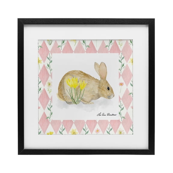 Buttercup Bunny on Pink Argyle Black Framed Print Under Glass, design by Lee Ann Sanders