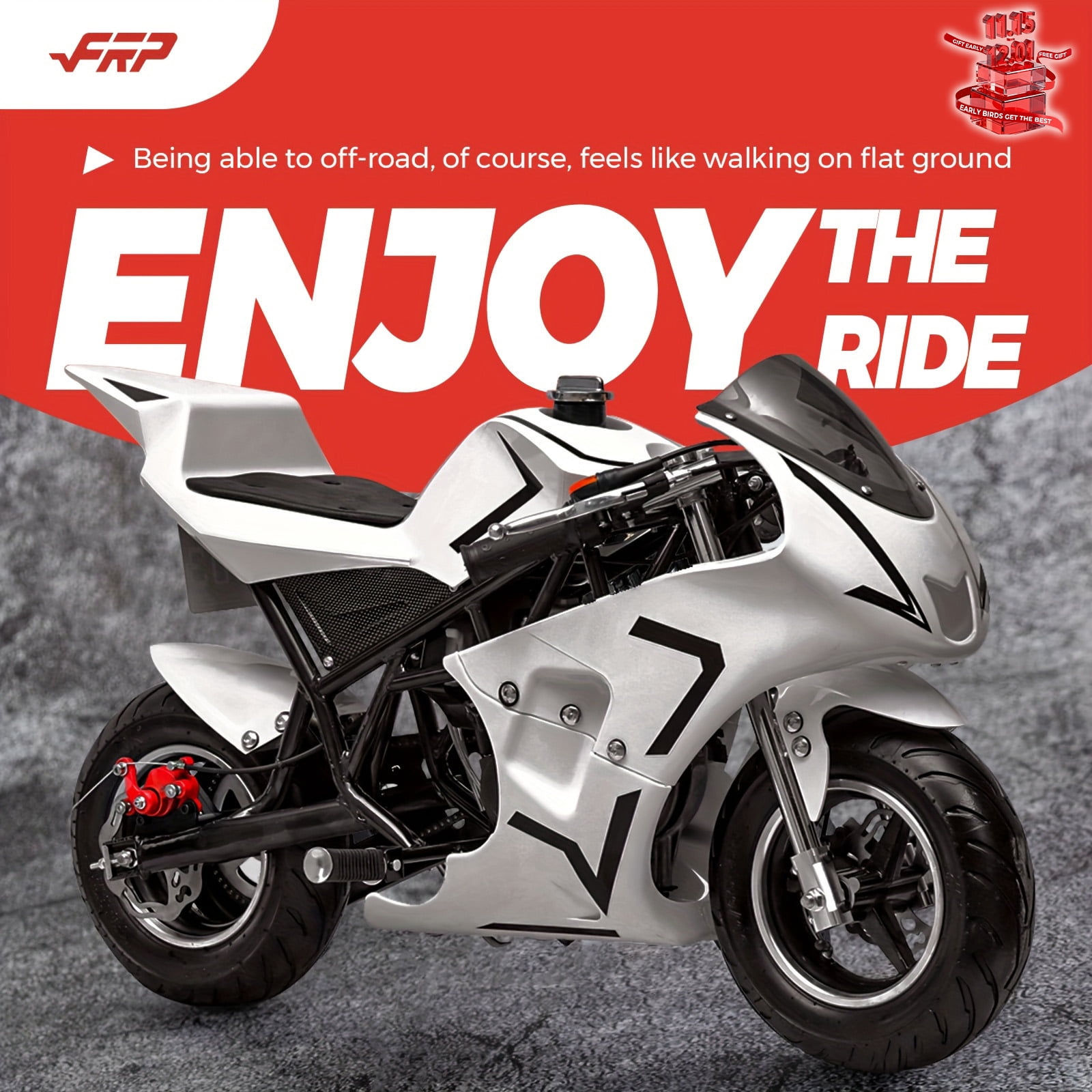 FRP 2 Stroke MiniBike 03, Pocket Bike for Kids W/ Strong Dual Brake, Realistic Racing Pocket Rocket Max Speed 20 Mph, Mini Bike Max Weight 165 LB-Ultra Edition, White