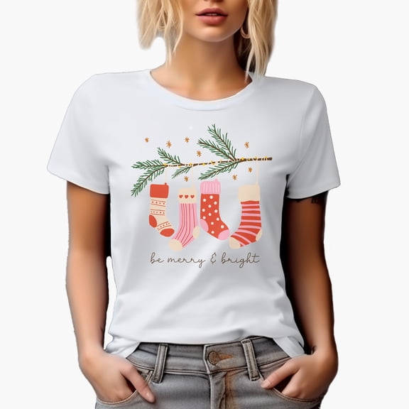 Be Merry & Bright with Hand Drawn Christmas Socks Art Merch Gift, White T-Shirt, Small