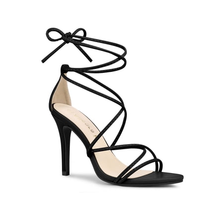 BLISSFUL STEP Women s Stiletto High Heel Sandals Lace-Up Open Toe Faux Leather Shoes Black 7.5