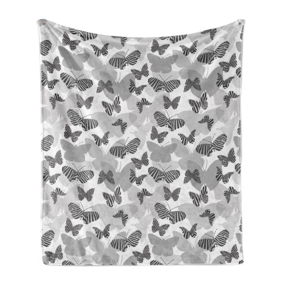Butterfly Soft Flannel Fleece Blanket, Repetitive Zebra Stripes Motif Illustration Greyscale Tones on Plain Backdrop, Cozy Plush for Indoor and Outdoor Use, 60" x 80", White and Grey, by Ambesonne