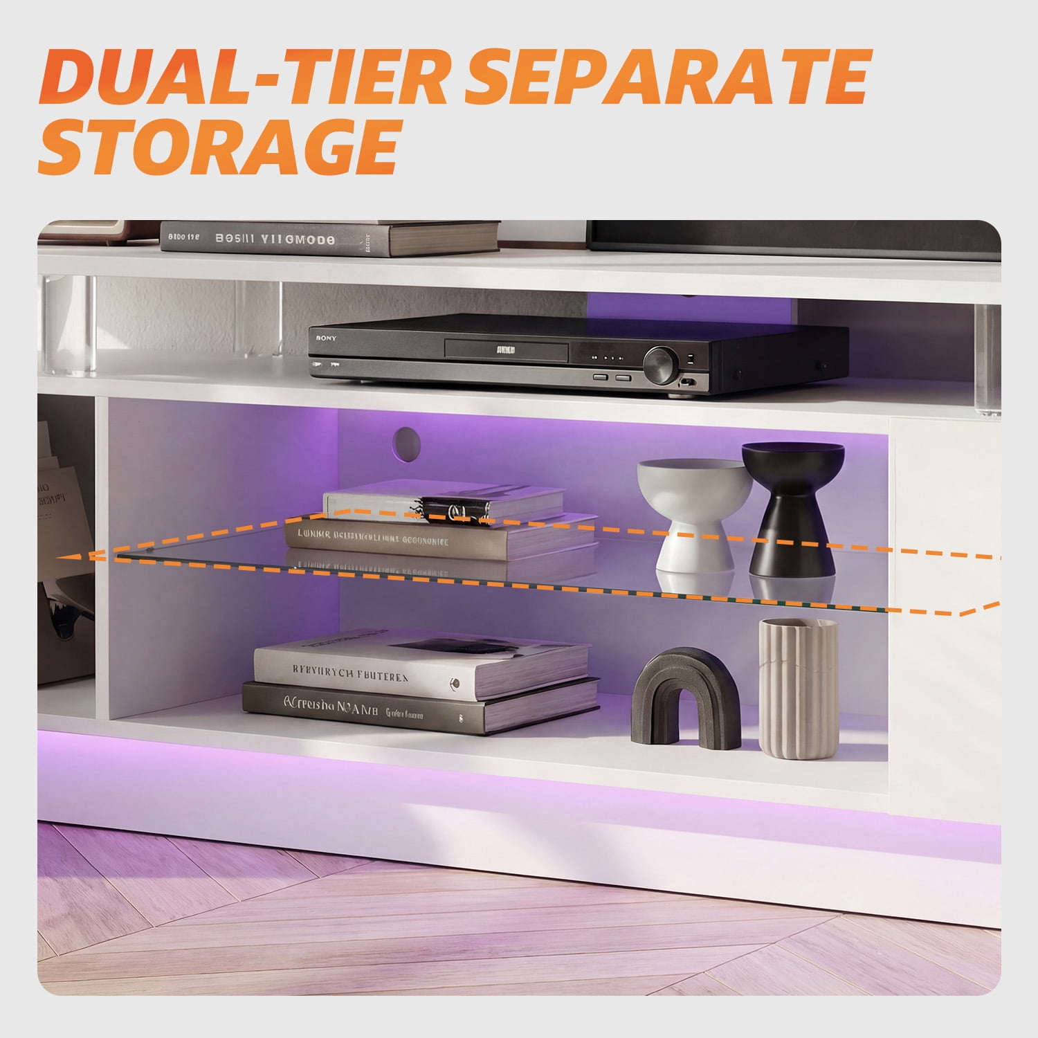 Sonegra 70” High-Glossy TV Stand with 2 Side Cabinets, Modern Stylish TV Console with 3 Layer LED Lights,Gaming TV Media Console with Adjustable Glass Shelf, White