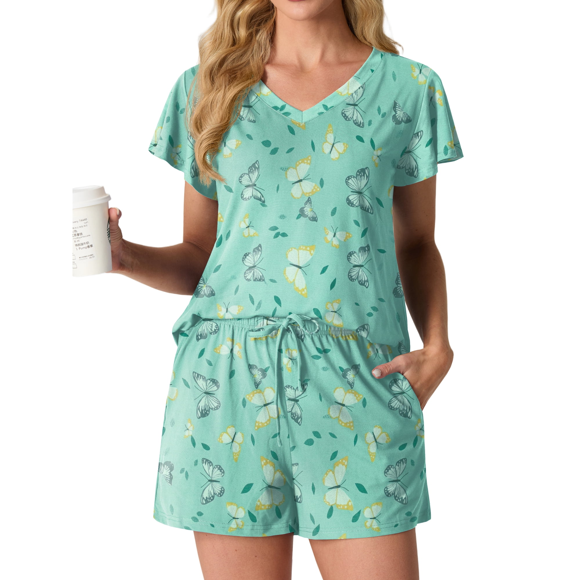 MINTREUS Women's Knit Pajamas Set Ruffle Sleeves Sleepwear Casual 2 Piece Pjs Soft Loungewear with Pockets