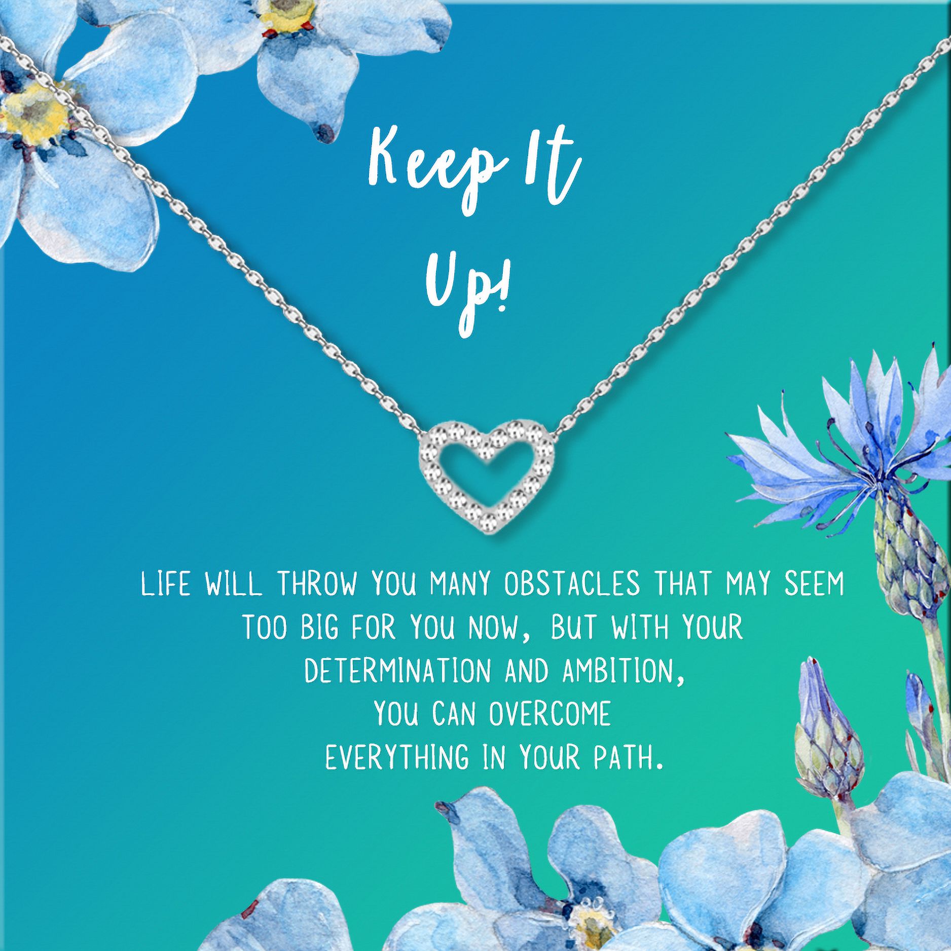 Anavia Keep It Up Card Gift Jewelry, Inspirational Card Necklace, Cheer up Gift, Encouragement Gift for Friend-[Silver Mini Crystal Heart, Bright Blue Gift Card]