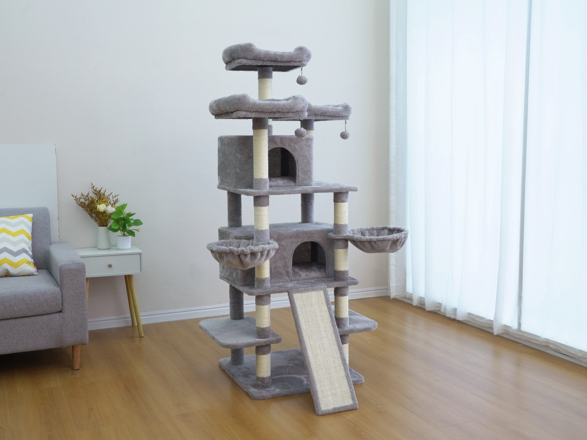 Vibrant Life Heavy Duty 8-Level 66" Cat Tree with Scratching Ramp, Two Condos and Hammocks, Light Gray