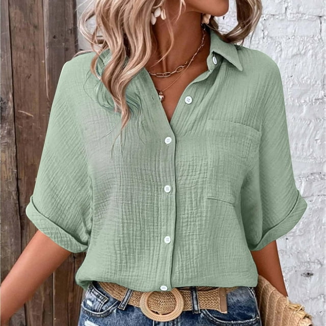 Weiqiqre Womens Summer Outfits Short Sleeve Shirts Spring Summer Tops V Neck Collared Button Down Ladies Shirt Tops Trendy