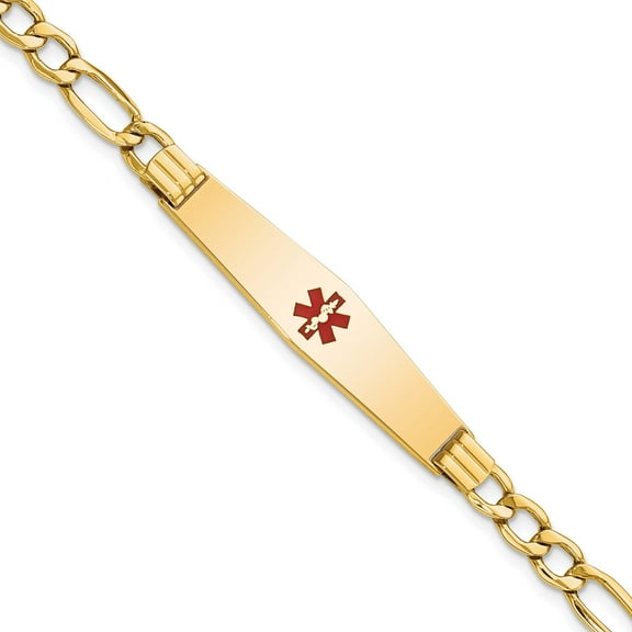 14K Yellow Gold Semi-Solid Medical Soft Diamond Shape Red Enamel Figaro Id Bracelet (7 X 9) Made In United States xm571cc-7