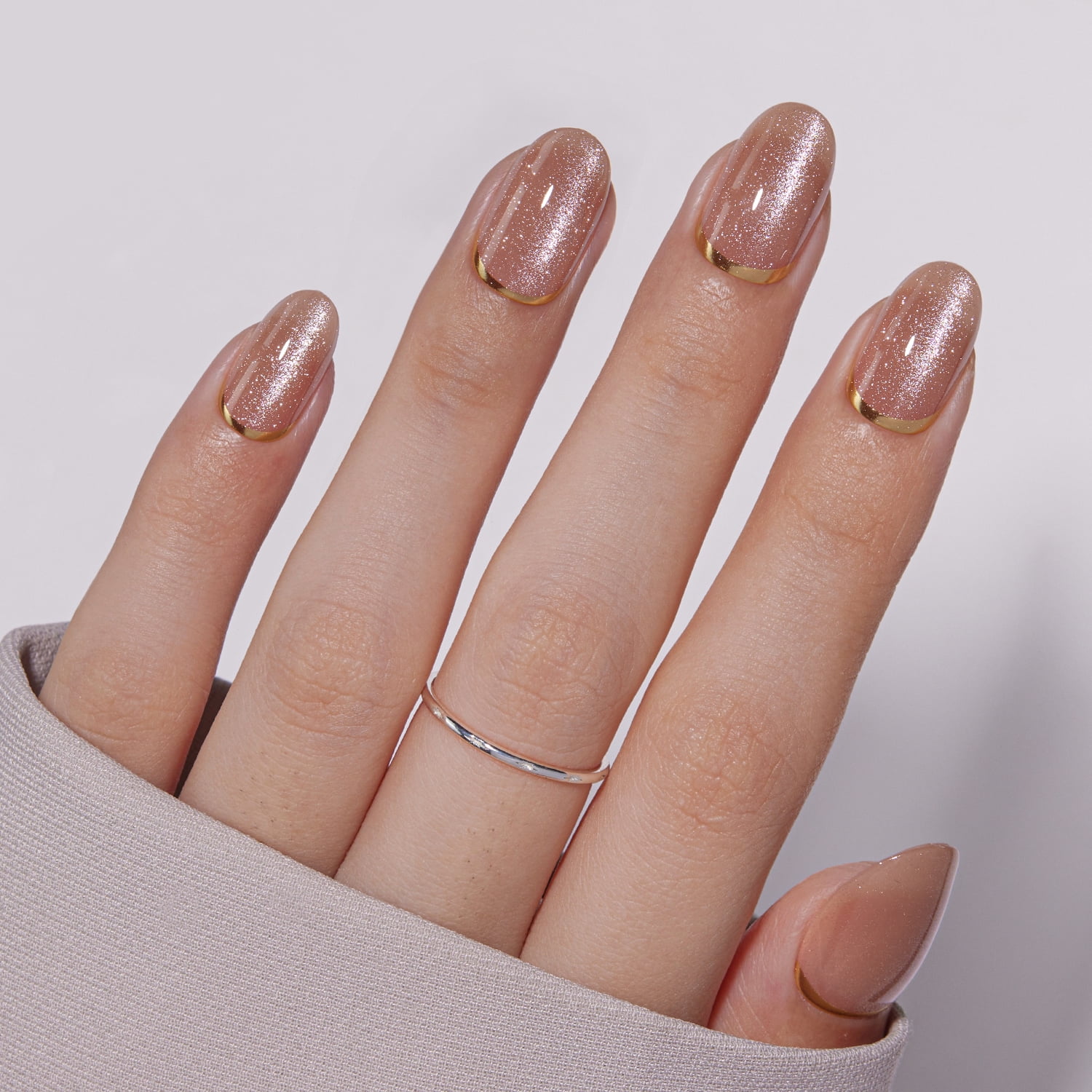 VSALON Press On Nails Short, 32 Pcs 16 Sizes Cat Eye Press On Nails Oval Fake Nails Gold Foil Design Sparkly Shimmer Gel With UV Glue Reusable Stick On Nails Semi-transparent Fall Gift For Women