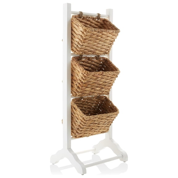 3-Tier Floor Stand with Water Hyacinth Storage Baskets, White/Natural - Standing Organizer Rack for Bathroom, Kitchen, Laundry, Living Room