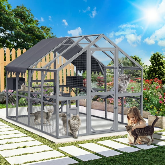 ZephyPaws Large Catio Outdoor Cat Enclosure for Multiple Kittens,Wooden Cat House with Waterproof Cover,Walk in Kitty Cage Kennel with 2 Condos, 7 Platforms,2Bridge,Doors,110" x 73" x 74",Gray