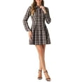 thumbnail image 1 of Vestido casual de camisa con botones de línea A de manga larga a cuadros para mujer, color marrón, 1 of 5