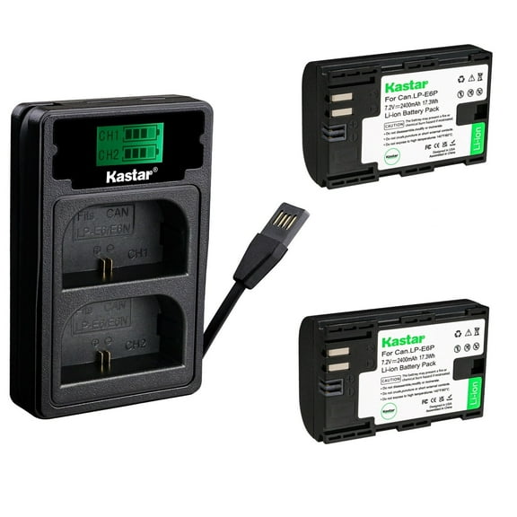 Kastar 2 Pack LP-E6P Battery and Charger with Miro USB / Type-C Input Compatible with Canon LP-E6 LP-E6NH LP-E6P High-Amperage Lithium-ion Battery, Canon EOS R5 Mark II Mirrorless Camera