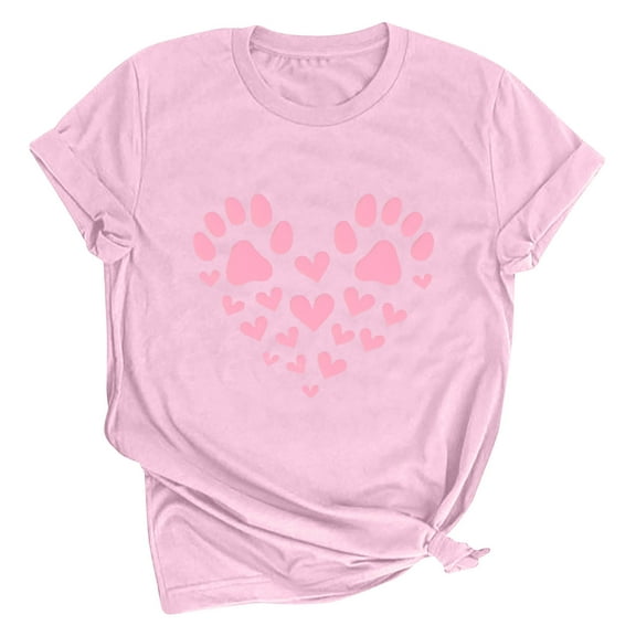 Riecok Womens T-Shirts Valentine's Day Round Neck Love Graphic Tee Short Sleeve Summer Comfy Casual Short Sleeve Tops Pink 2XL