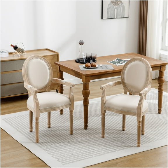 JERFIT French Country Dining Chairs Set of 2, Beige Upholstered Solid Wood Armchairs with Carved Details for Kitchen, Dining Room