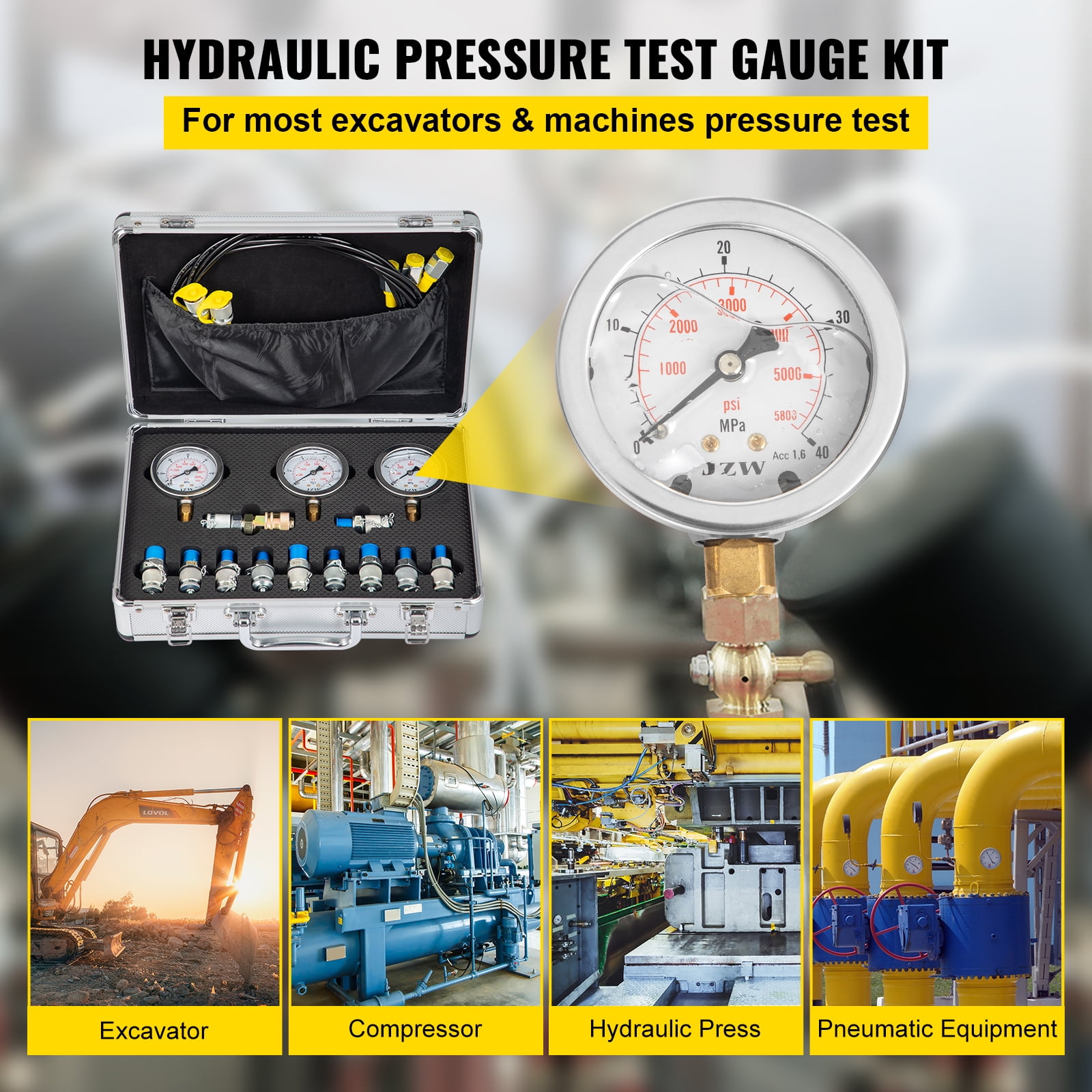 LONGJUAN-C Excavator Hydraulic Pressure Stainless Steel Hydraulic Pressure Test Kit with Testing Hose Coupling and Gauge for Excavators