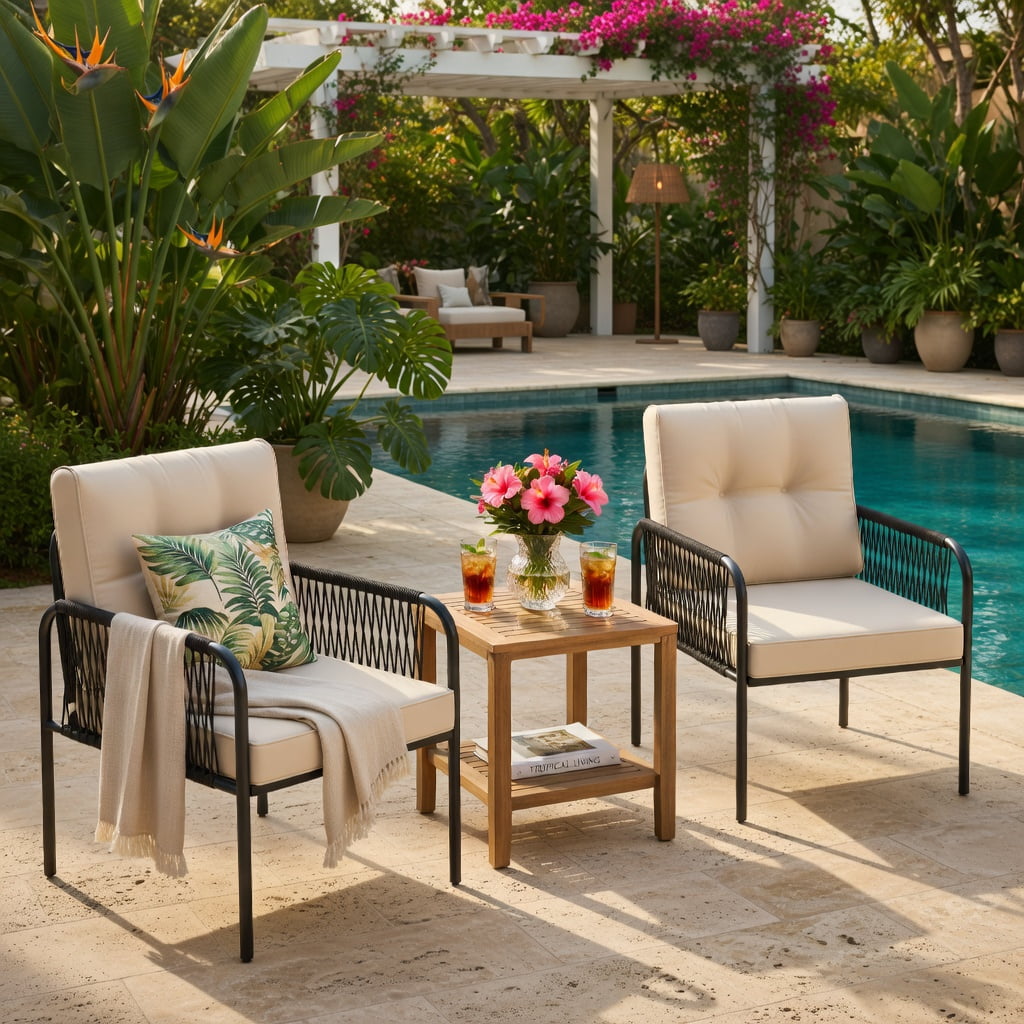 Hommoo 3-Piece PE Rattan Outdoor Bistro Set, Cushions, Black Wicker, Tempered Glass Coffee Table for Patio, Yard & Poolside, Beige