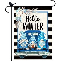 Three Gnomes in Truck Hello Winter Garden Flag Burlap Small Vertical 12x18 Inch Snowflakes Snow Garden Yard House Flags for Winter Christmas Seasonal Outside Outdoor House Decor